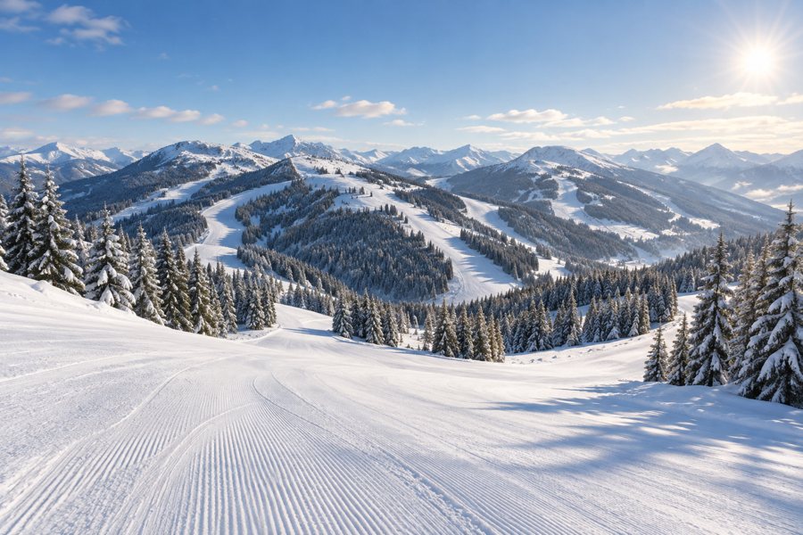 Illustrazione generata dall’IA di un paesaggio sciistico innevato con piste battute e pendii boscosi.
