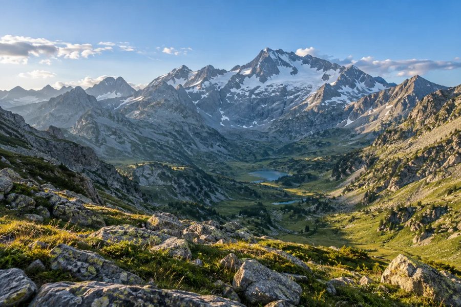 Illustrazione generata dall’IA di una valle verde dei Pirenei con un lago alpino e cime innevate.