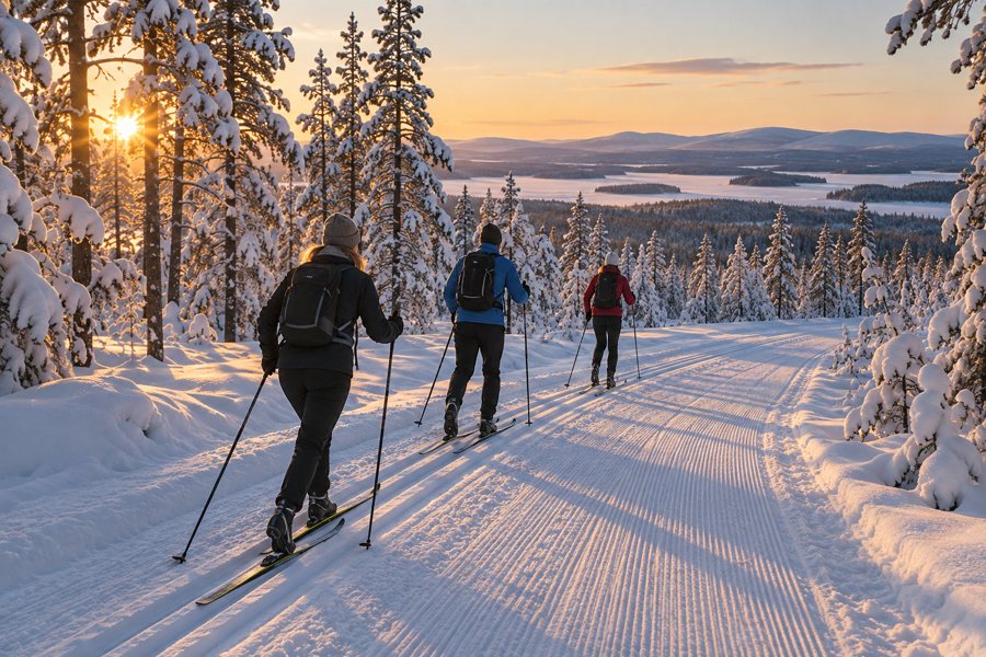 Illustrazione generata dall’IA: sciatori di fondo su una pista battuta tra pini innevati nella Lapponia finlandese.