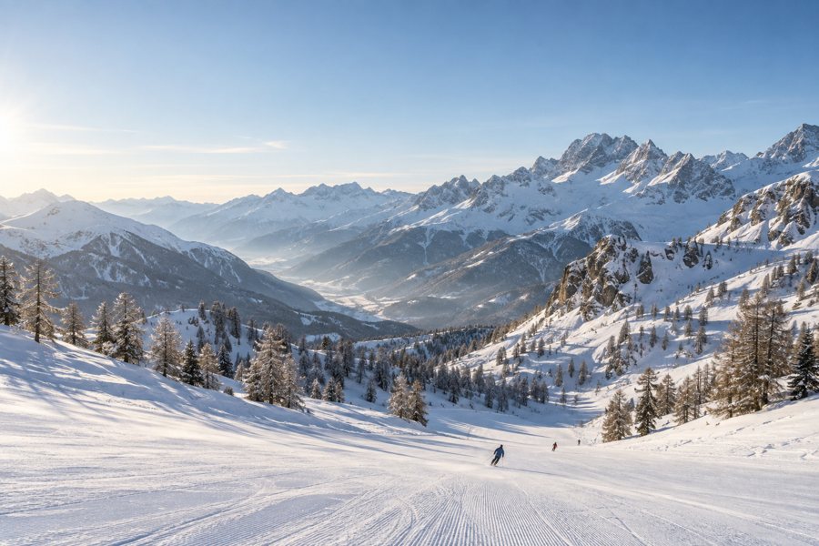 Illustrazione generata dall’IA di una pista innevata con sciatori davanti a un panorama alpino.