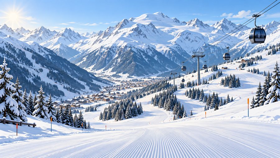 Illustrazione generata dall’IA di un’area sciistica innevata nella Ötztal, con piste e cabinovie.