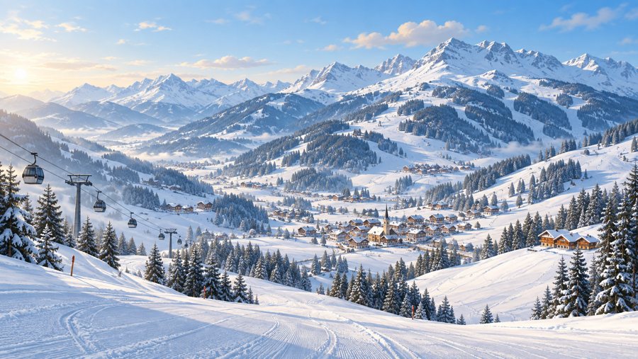 Illustrazione generata dall’IA di un’area sciistica innevata nelle Alpi di Kitzbühel, con impianti e un villaggio nella valle