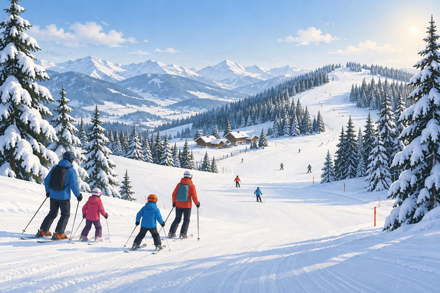 Illustrazione generata dall’IA: una famiglia scia su una pista ampia e dolce tra montagne innevate.