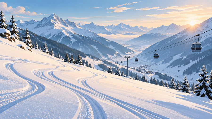 Illustrazione generata dall’IA di una valle innevata con piste e impianti di risalita per la guida di Ischgl.